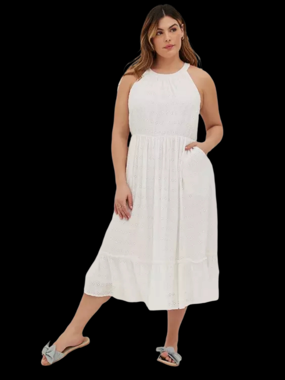 torrid White Eyelet Halter Midi Dress with Pockets